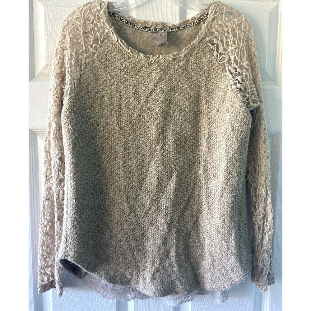 Womens One September Rosanella Tan Pleated Lace Sleeve Top Cottagecore L/S Sz M
